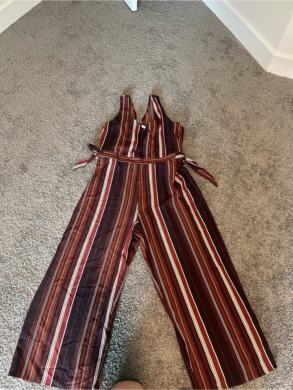 Xhilaration Striped V-Neck Wide-Leg Jumpsuit in Burgundy and Cream